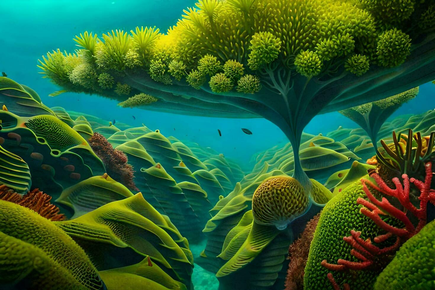 ein Gemälde von ein unter Wasser Szene mit Koralle und Pflanzen. KI-generiert foto