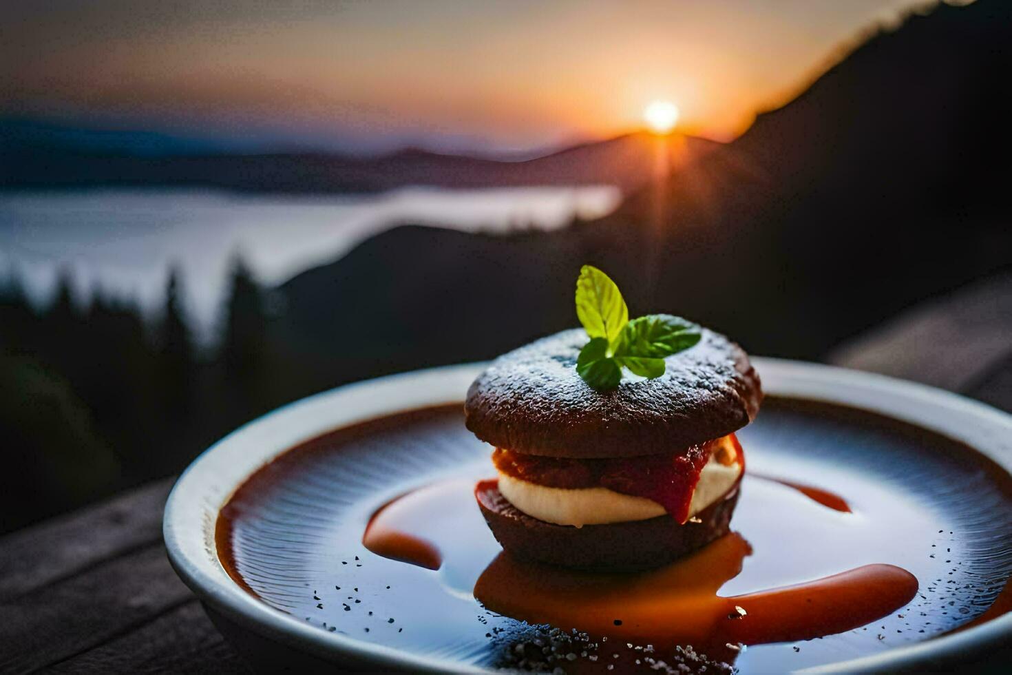 ein Dessert auf ein Teller mit ein Sonnenuntergang im das Hintergrund. KI-generiert foto