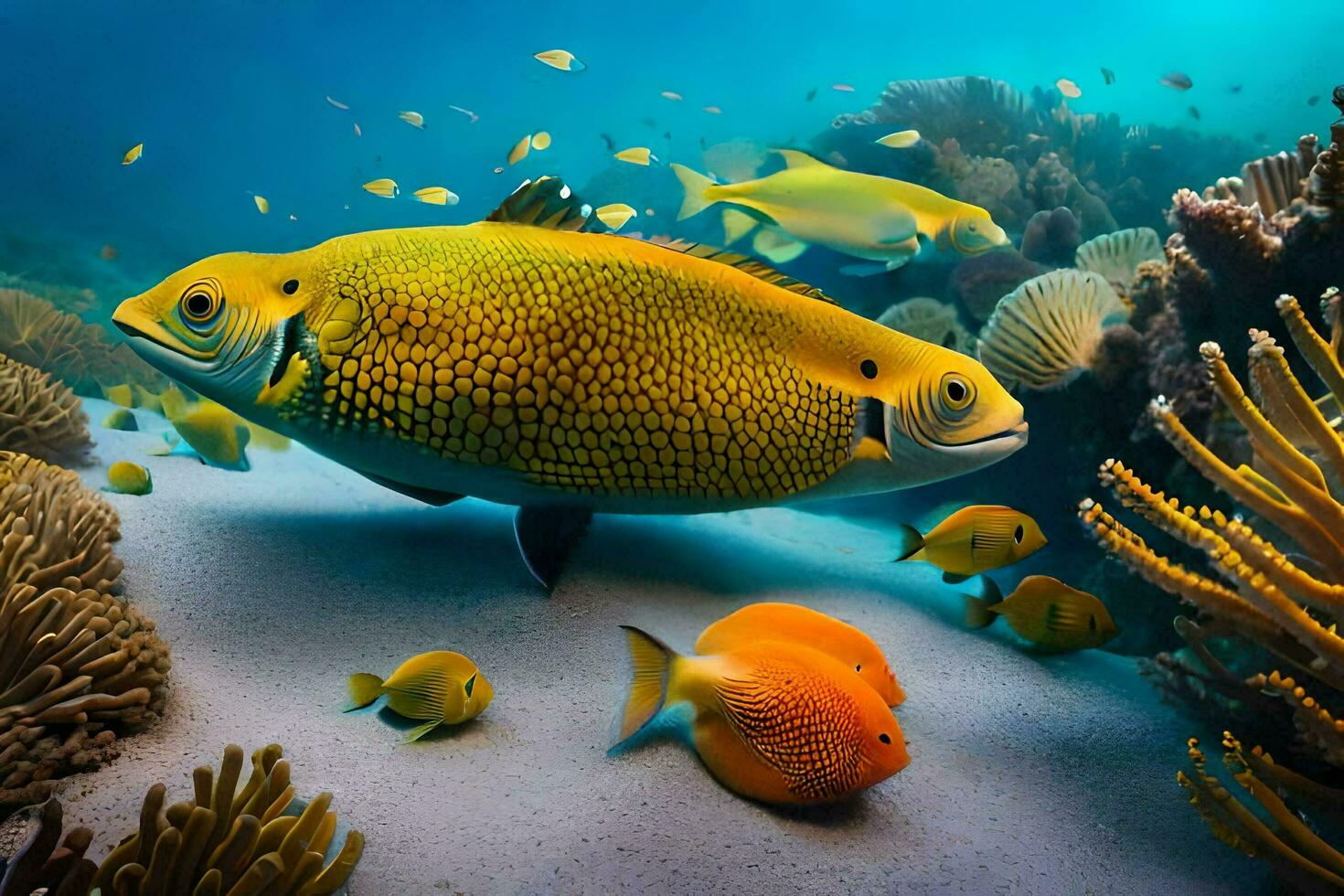 ein Fisch Schwimmen im das Ozean mit Koralle. KI-generiert foto