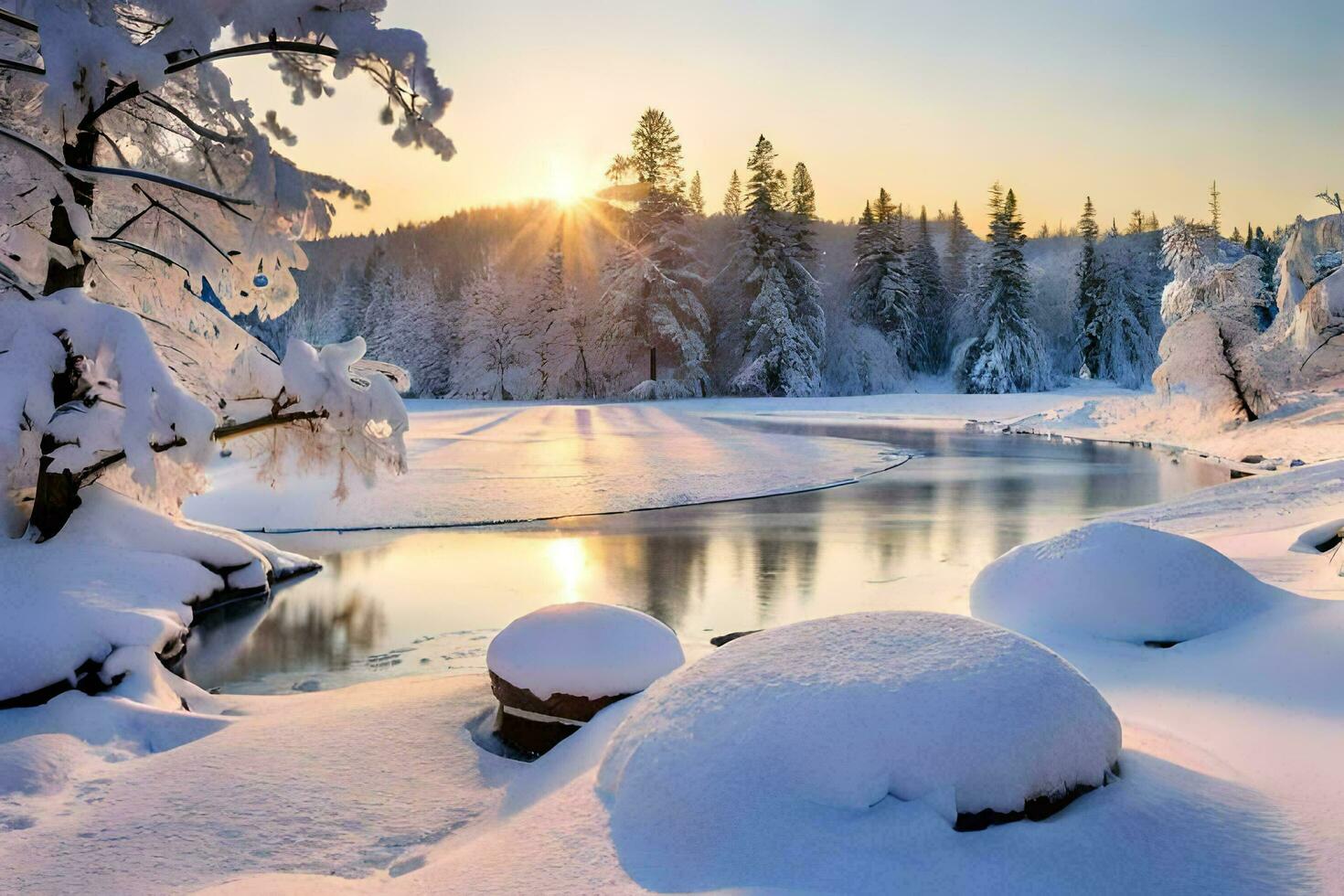 Schnee bedeckt Bäume und ein Fluss im das Winter. KI-generiert foto