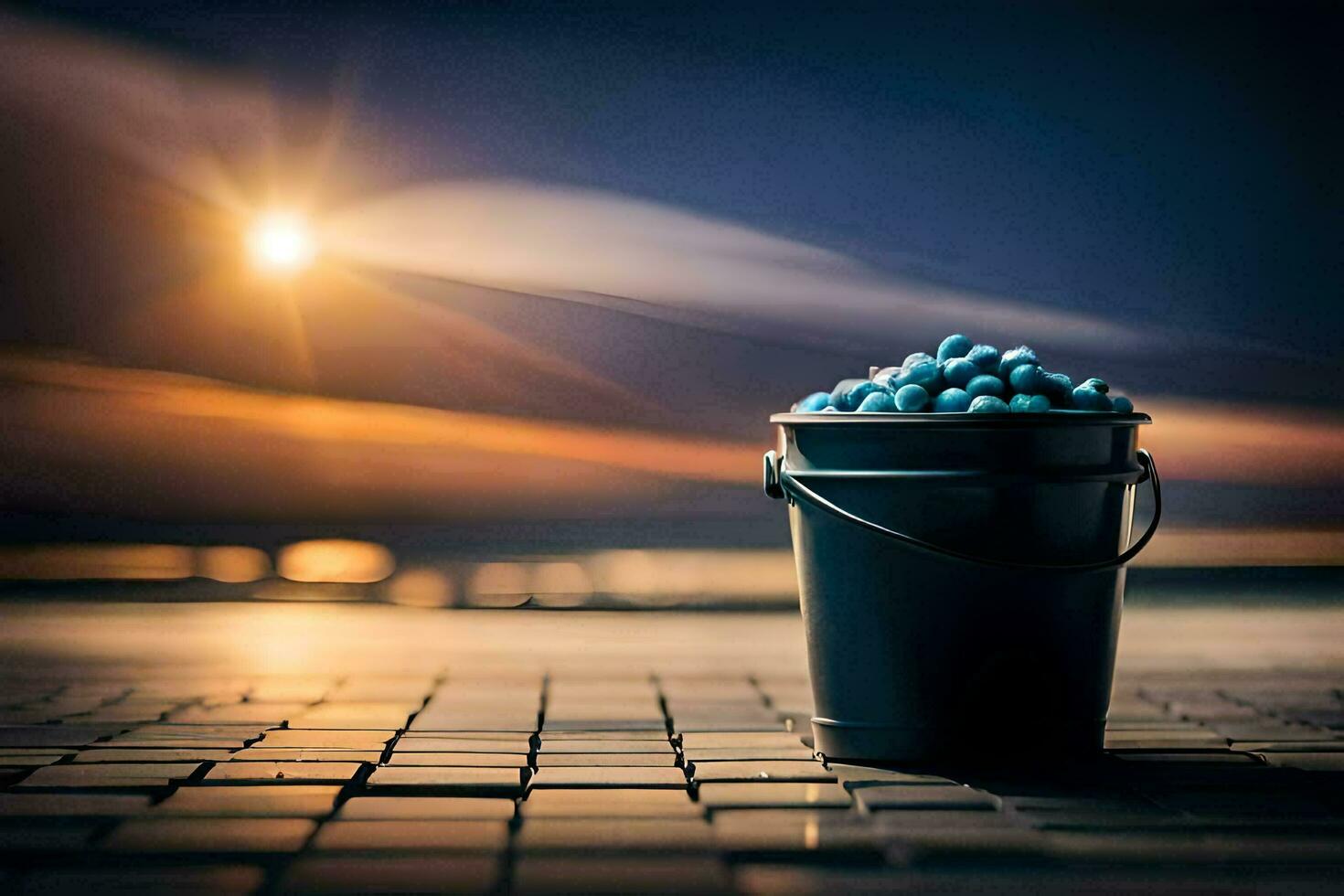 ein Eimer von Blaubeeren auf das Strand. KI-generiert foto