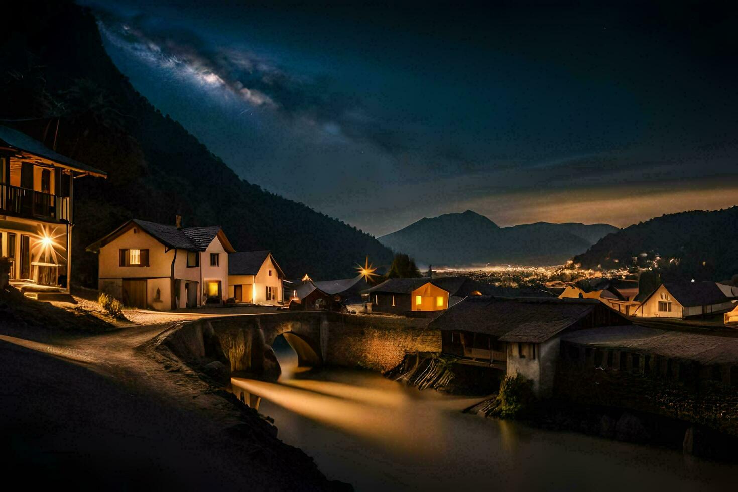 Foto Hintergrund das Himmel, Nacht, Berge, Fluss, Dorf, Brücke, Brücke, Brücke,. KI-generiert