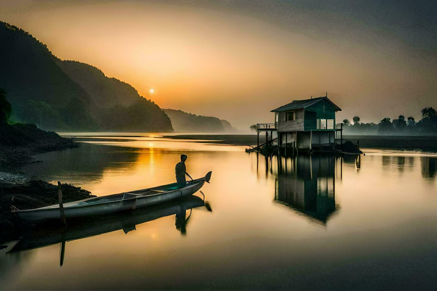 ein Mann steht auf ein Boot im Vorderseite von ein Haus beim Sonnenuntergang. KI-generiert foto