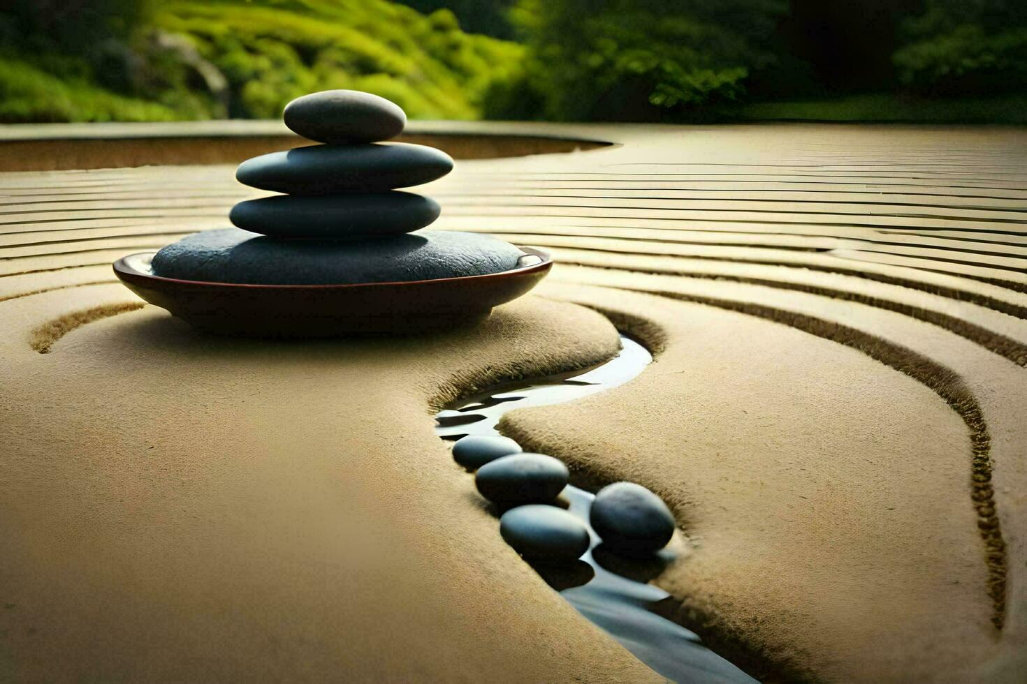 ein Stein Stapel und ein klein Strom im ein Zen Garten. KI-generiert foto