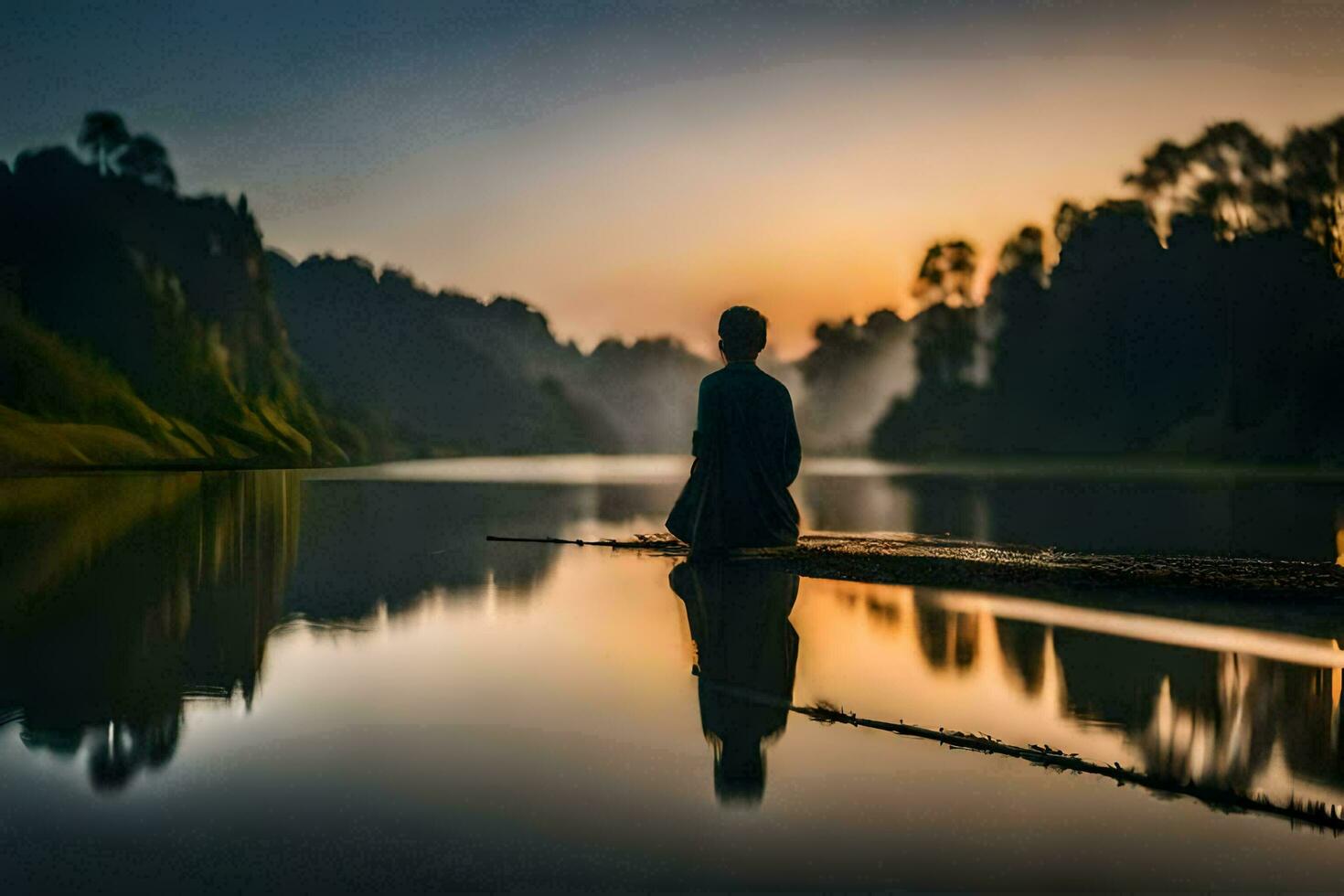 ein Mann Sitzung auf ein Dock beim Sonnenuntergang. KI-generiert foto