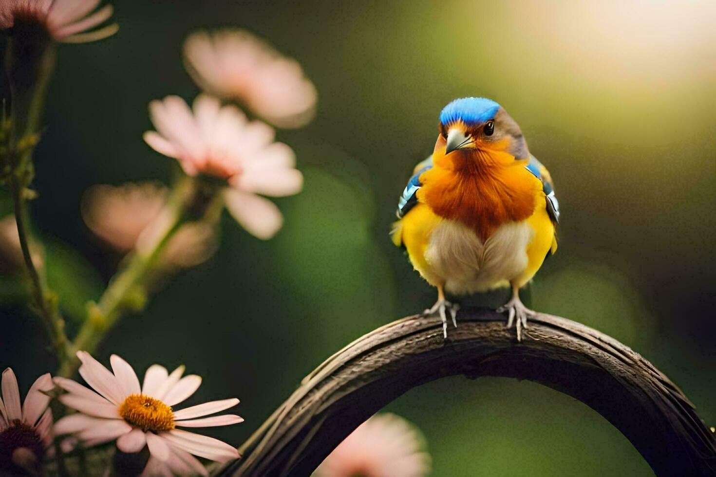 ein bunt Vogel sitzt auf ein Ast im Vorderseite von Blumen. KI-generiert foto