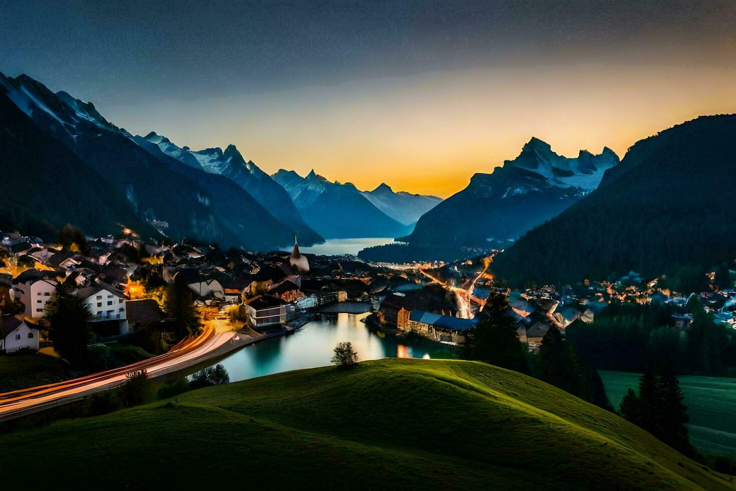 das Sonne setzt Über ein Stadt, Dorf im das Berge. KI-generiert foto