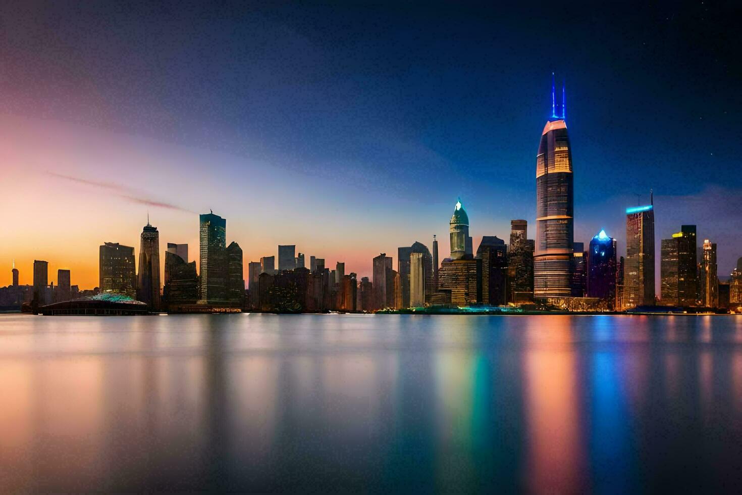 das Stadt Horizont beim Nacht mit das Beleuchtung reflektieren aus das Wasser. KI-generiert foto