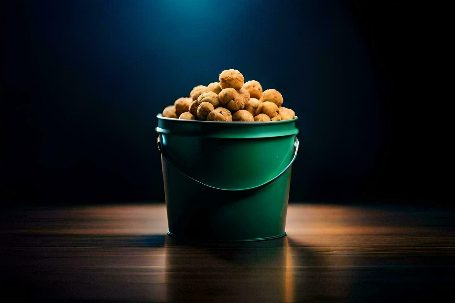 ein Eimer gefüllt mit Erdnüsse auf ein dunkel Tisch. KI-generiert foto