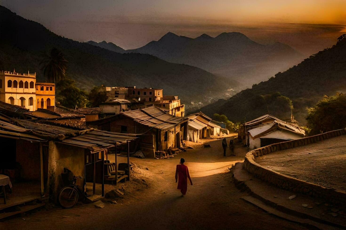ein Mann Spaziergänge Nieder ein Schmutz Straße im ein Dorf beim Sonnenuntergang. KI-generiert foto
