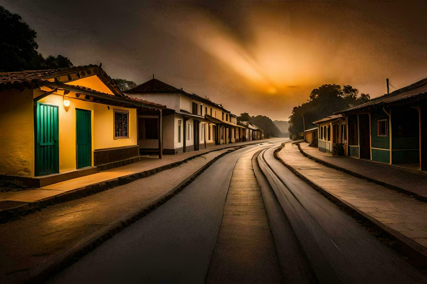 ein lang, leeren Straße mit ein Zug Vorbeigehen durch Es. KI-generiert foto