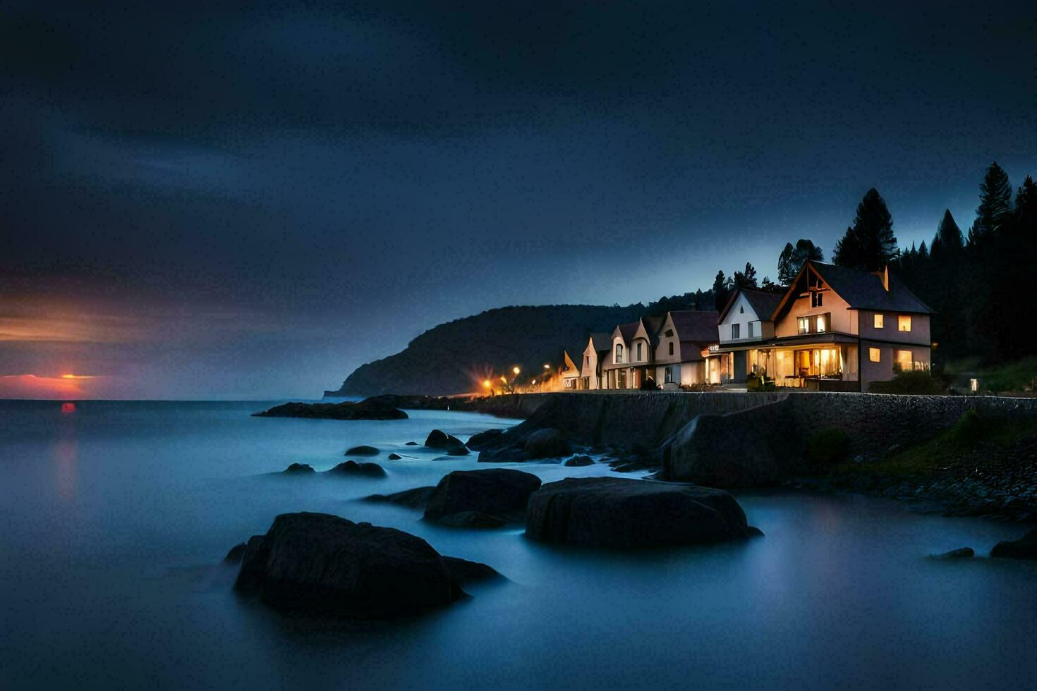 Foto Hintergrund das Himmel, das Meer, das Felsen, das Haus, das Felsen, das Meer. KI-generiert