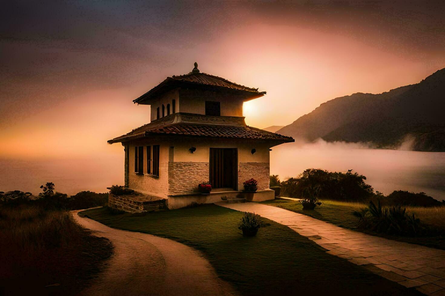 ein klein Haus sitzt auf das Seite von ein Hügel beim Sonnenuntergang. KI-generiert foto
