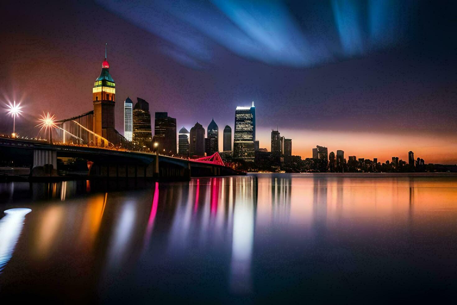 das Stadt Horizont beim Nacht mit Beleuchtung reflektieren aus das Wasser. KI-generiert foto