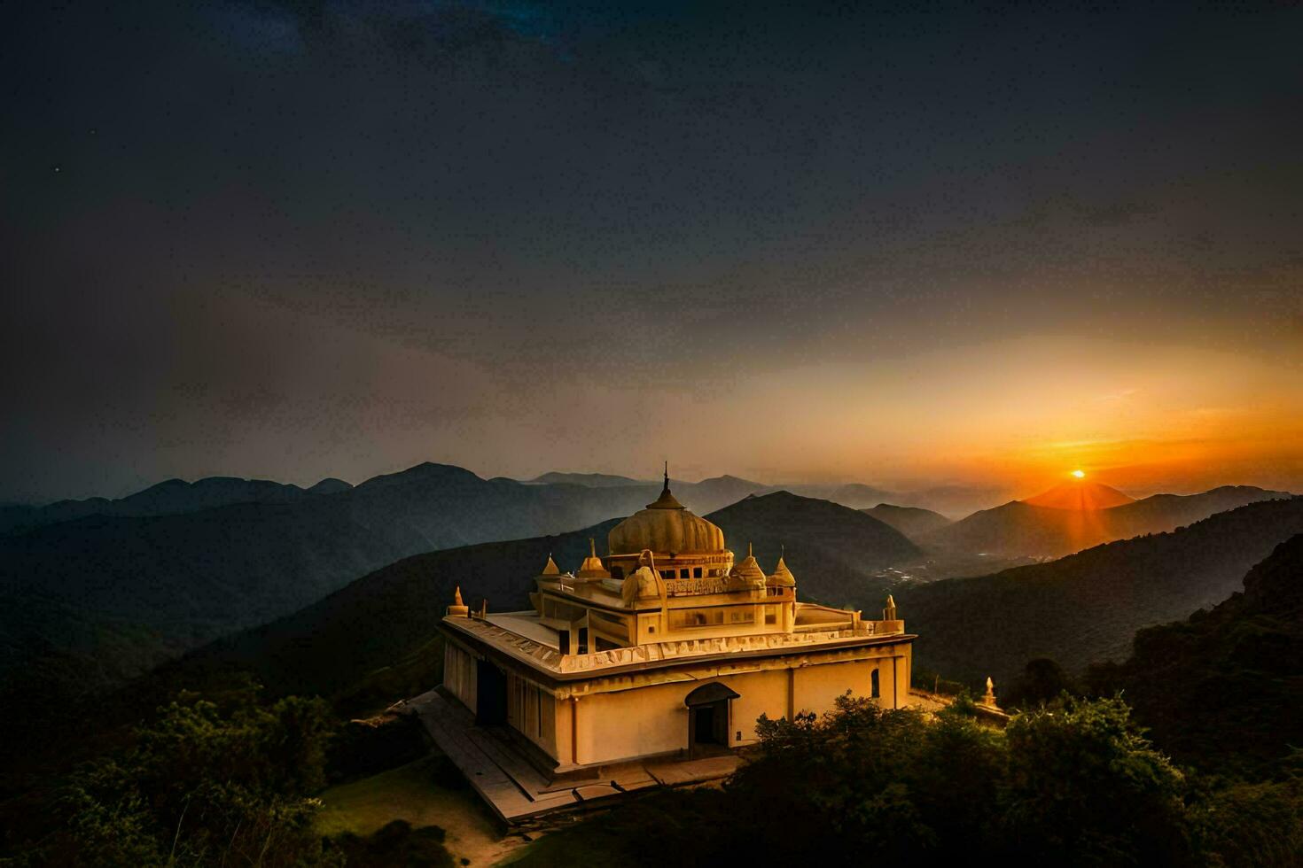 das Sonne setzt Über ein Tempel im das Berge. KI-generiert foto