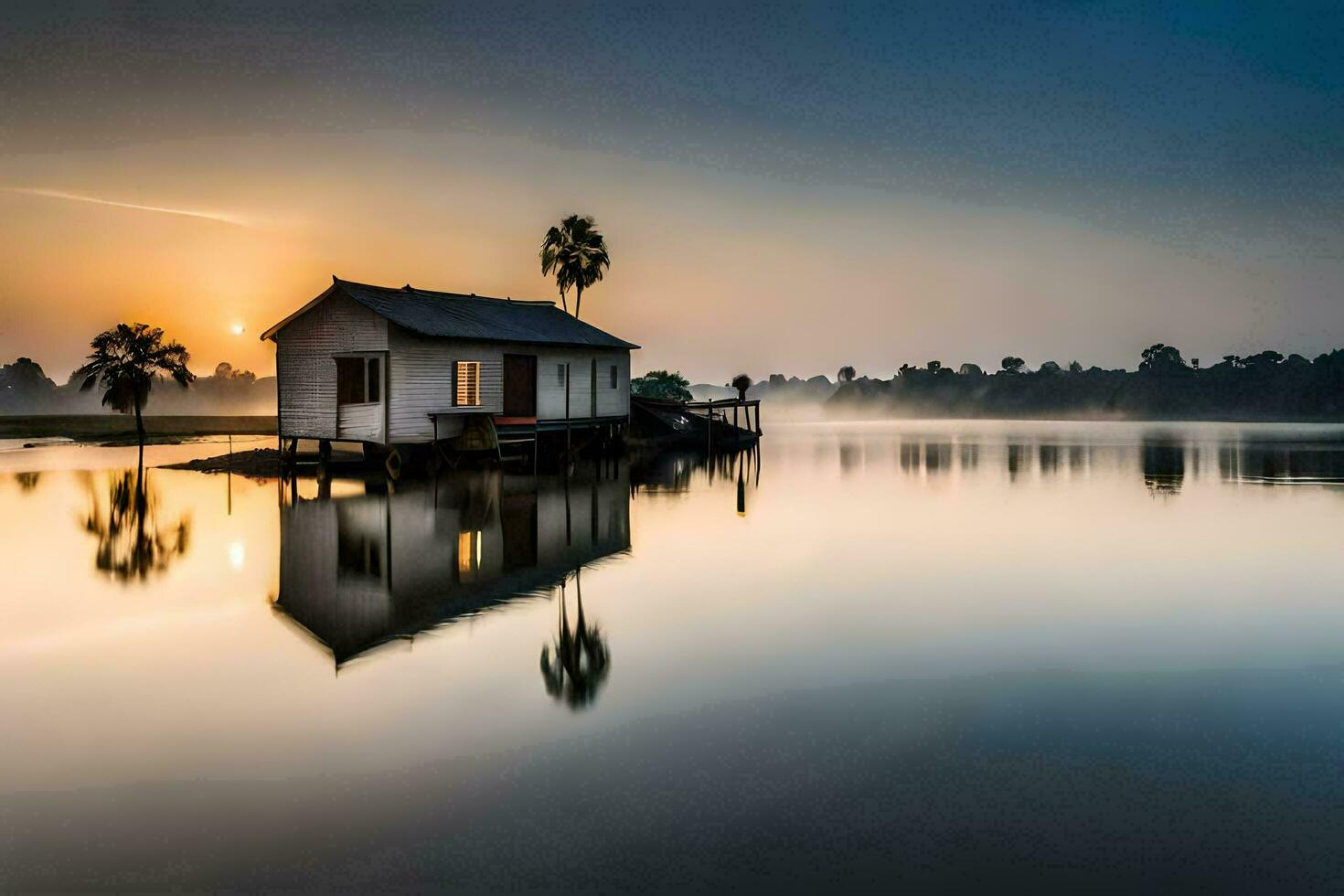 ein klein Haus sitzt auf das Ufer von ein See beim Sonnenaufgang. KI-generiert foto