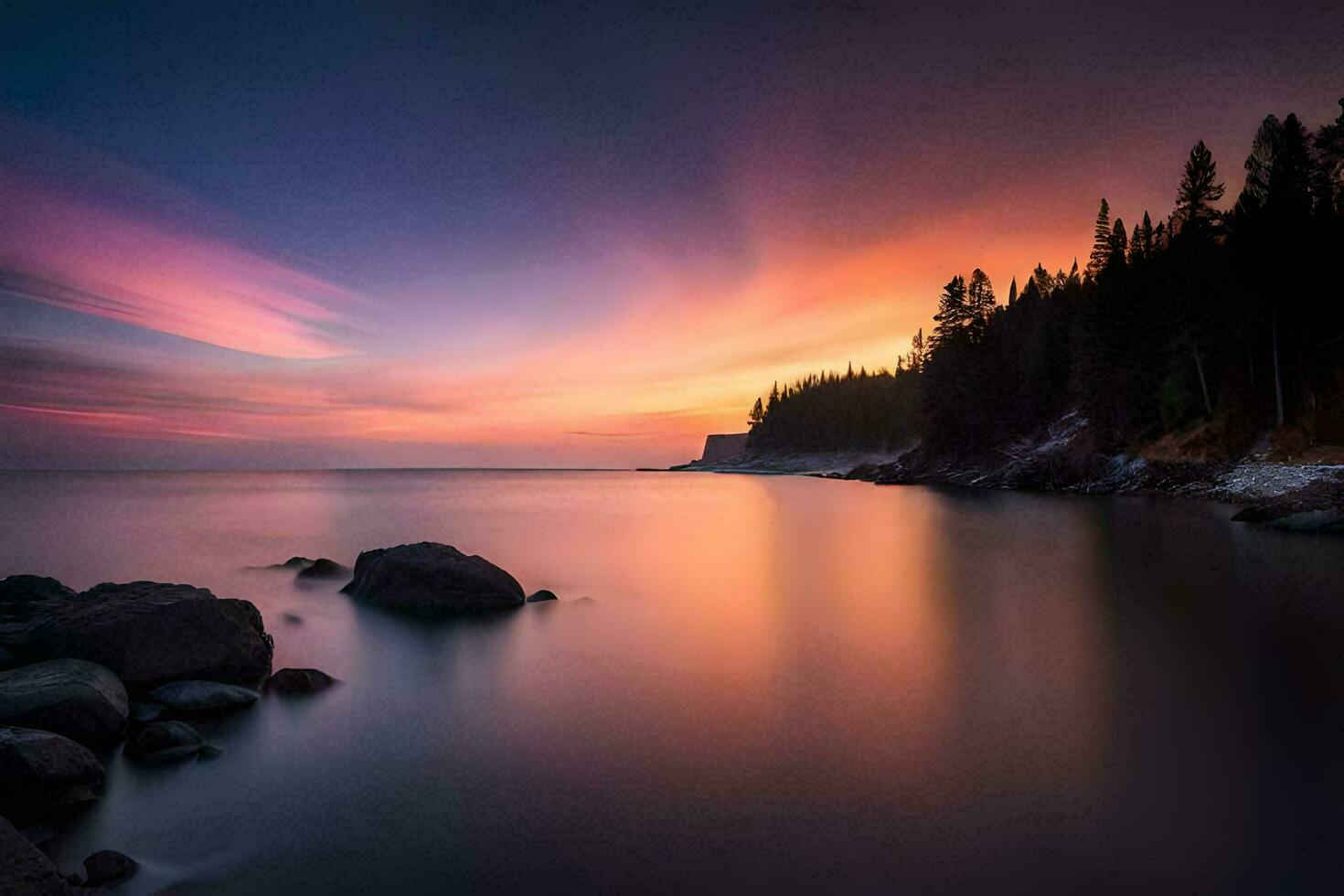 ein schön Sonnenuntergang Über das Wasser mit Felsen und Bäume. KI-generiert foto