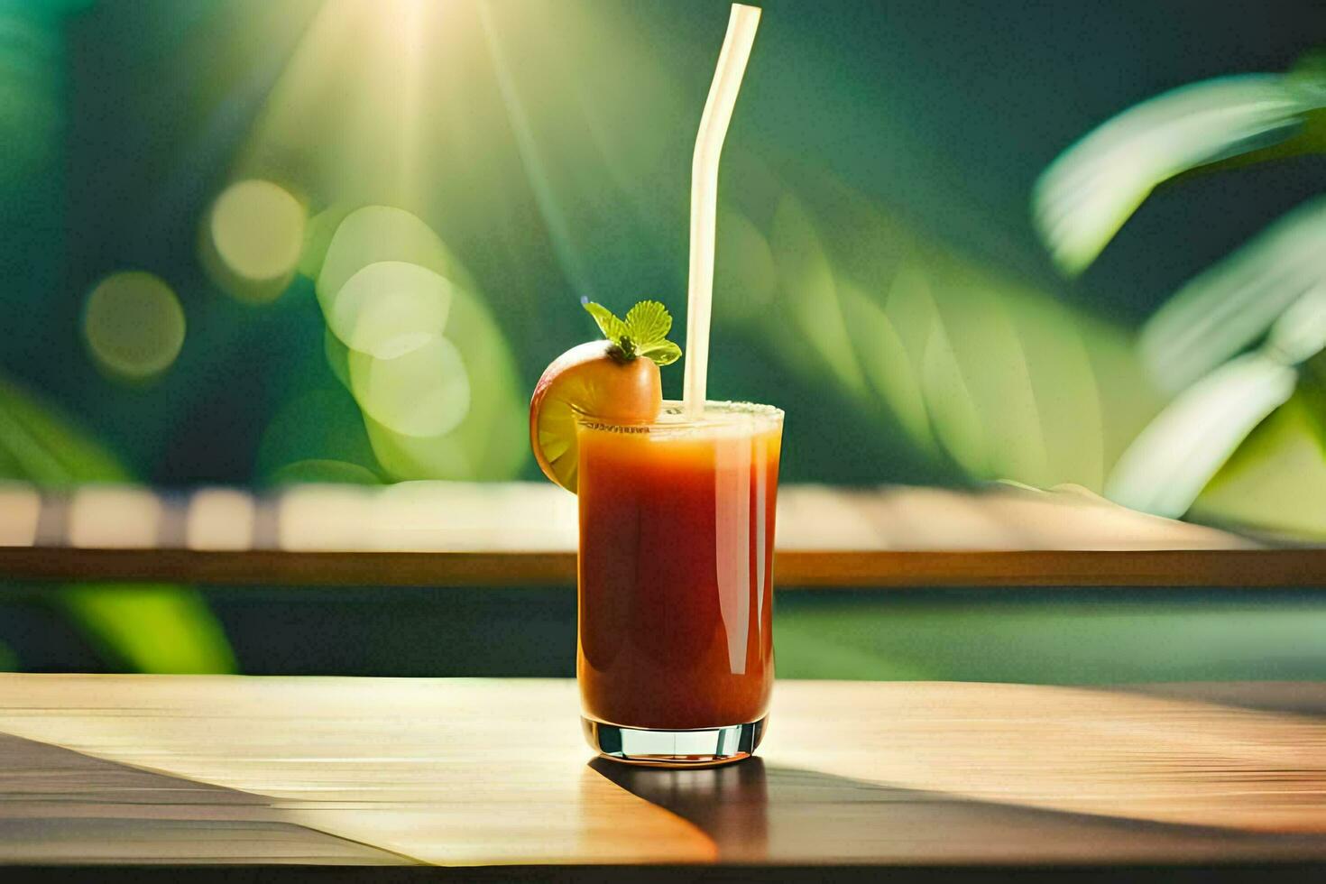 ein Glas von Saft mit ein Stroh auf ein Tisch. KI-generiert foto