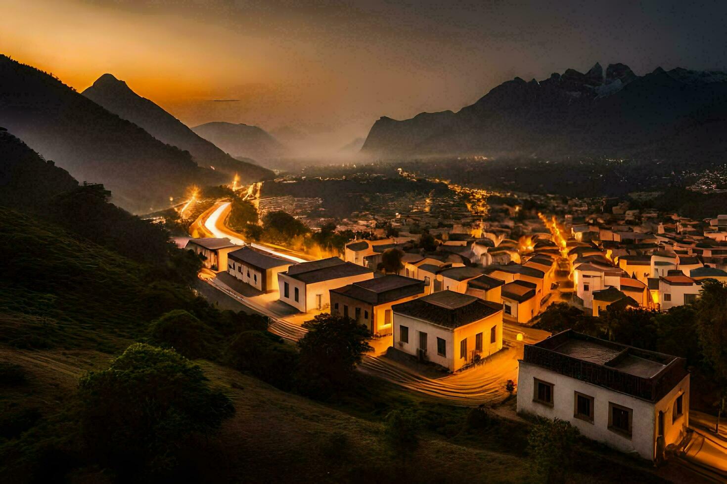 ein Stadt, Dorf beim Dämmerung mit ein Berg Angebot im das Hintergrund. KI-generiert foto