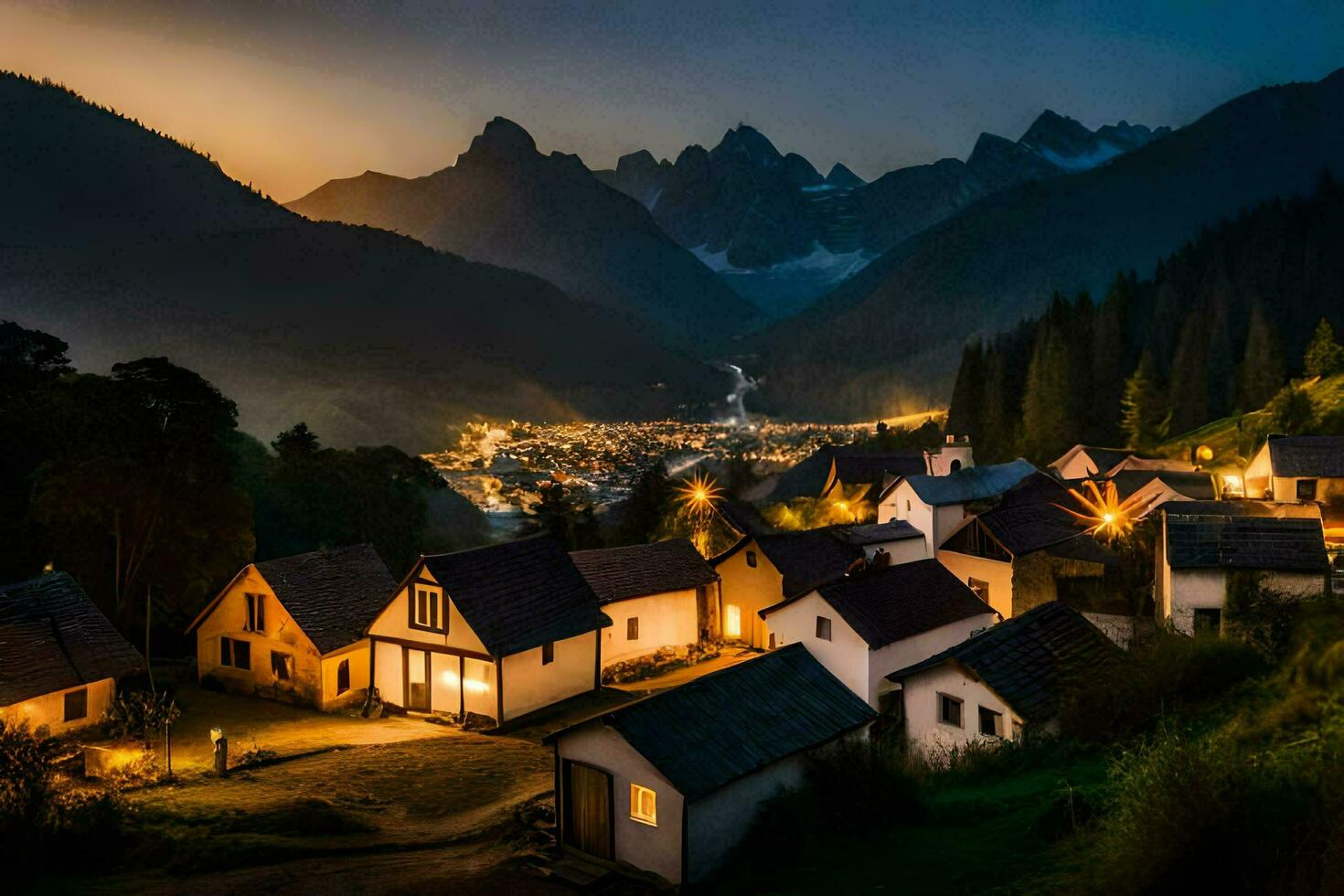 Foto Hintergrund das Himmel, Berge, Nacht, Dorf, Häuser, Beleuchtung, das Berge, Die. KI-generiert