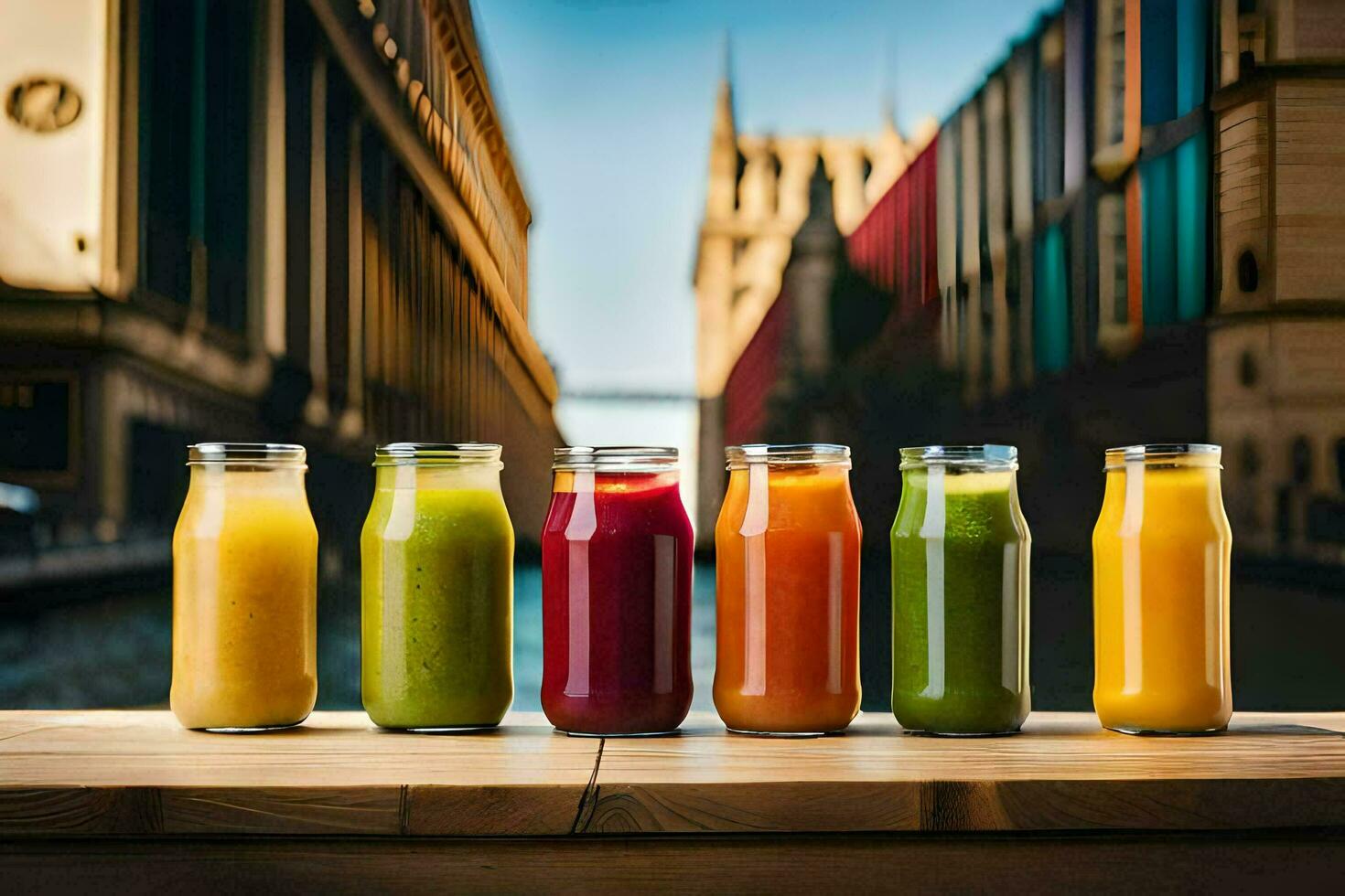 fünf anders Typen von Säfte sind gefüttert oben auf ein Tisch. KI-generiert foto