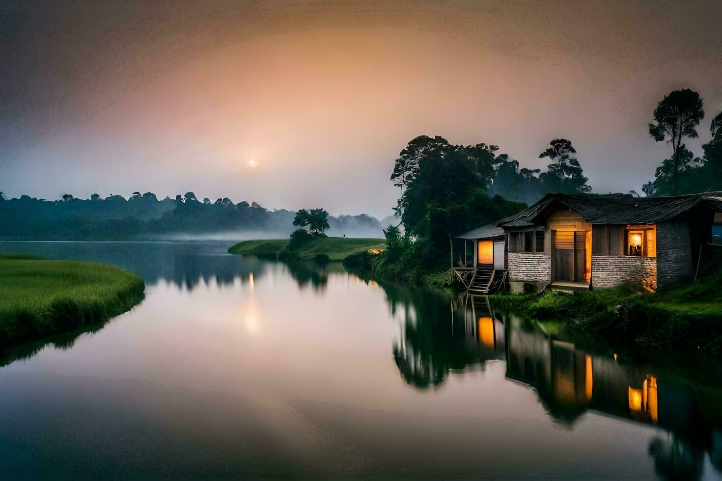 ein Haus sitzt auf das Kante von ein Fluss beim Sonnenaufgang. KI-generiert foto