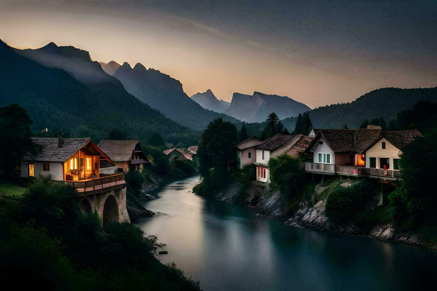 ein Fluss läuft durch ein Stadt, Dorf beim Sonnenuntergang. KI-generiert foto