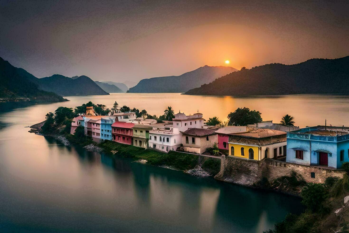 das Sonne setzt Über bunt Häuser auf das Banken von ein Fluss. KI-generiert foto