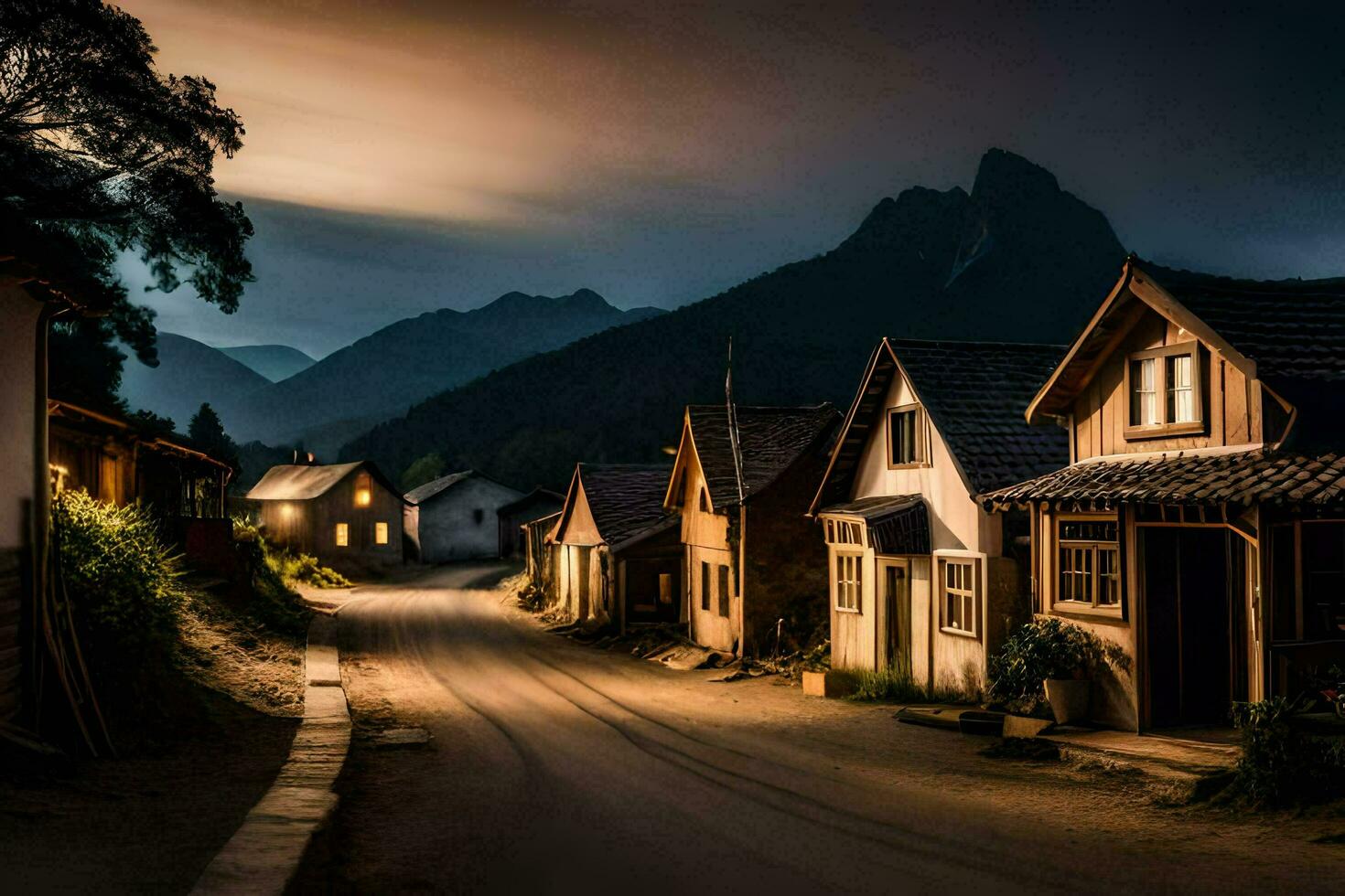 Foto Hintergrund das Himmel, Berge, Nacht, Dorf, Straße, Häuser, Berge. KI-generiert