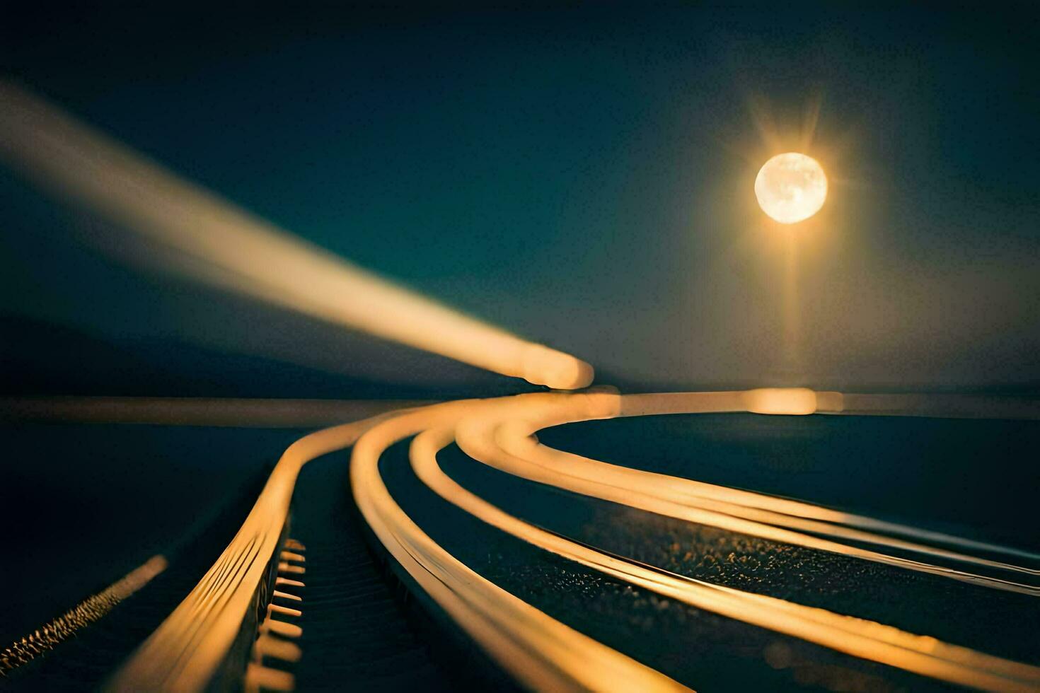 ein Zug Spur beim Nacht mit das Mond im das Hintergrund. KI-generiert foto