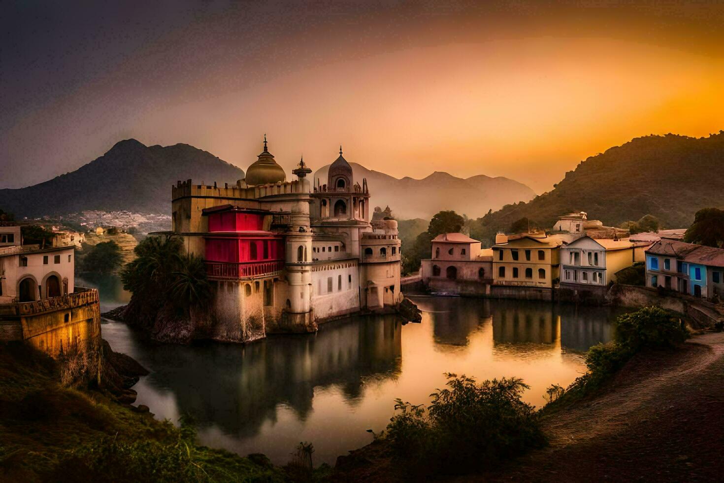 das Sonnenuntergang Über das See im Udaipur, Indien. KI-generiert foto