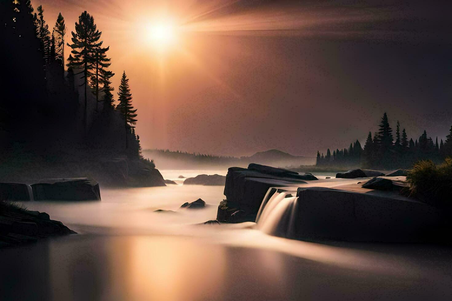 ein Fluss fließt durch ein Wald beim Sonnenuntergang. KI-generiert foto