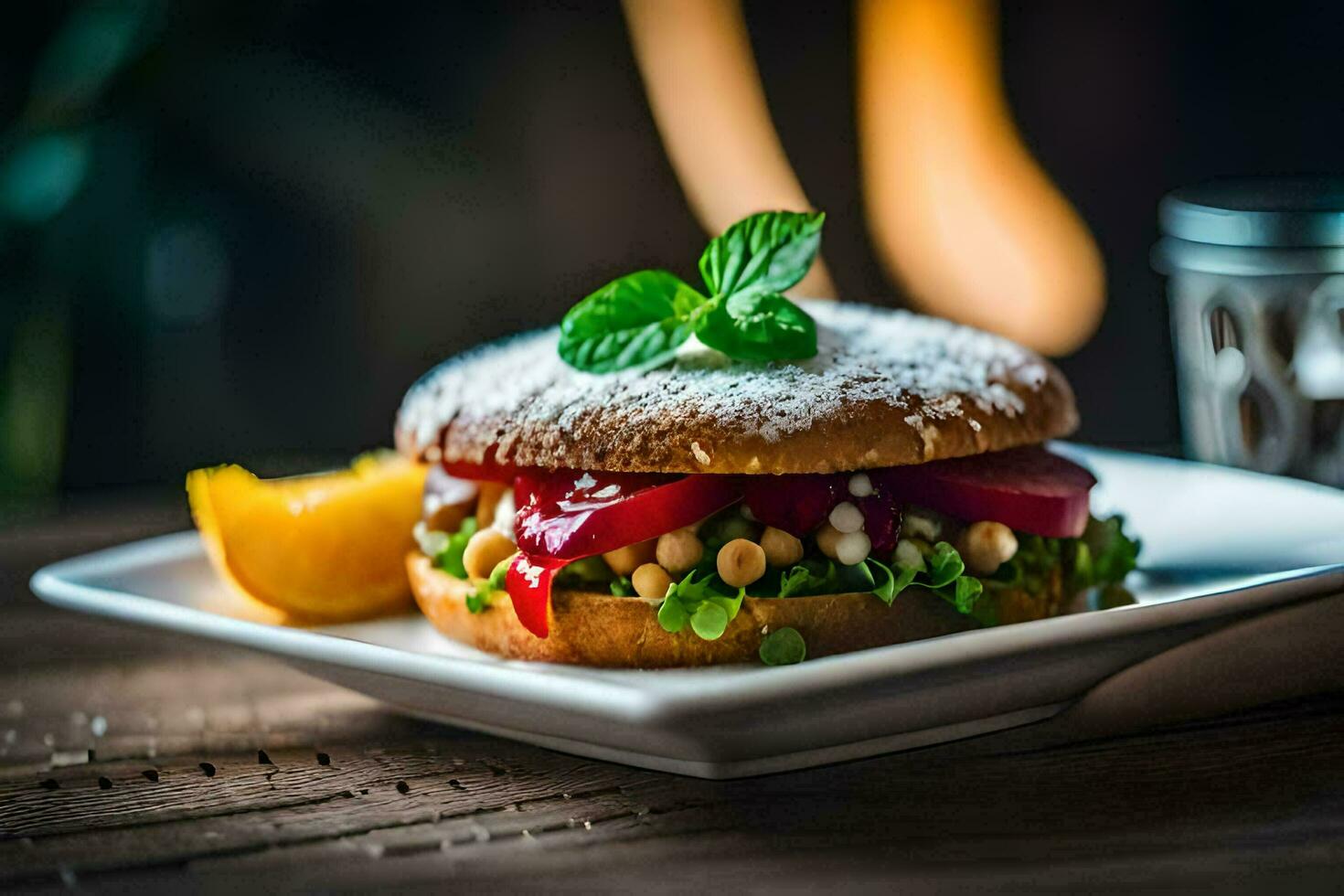 ein Sandwich mit Gemüse und ein Scheibe von Zitrone. KI-generiert foto