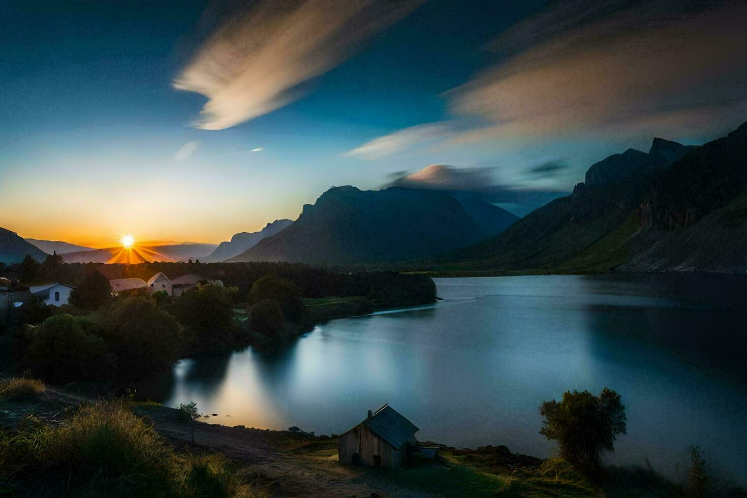 das Sonne steigt an Über ein See und Berge. KI-generiert foto