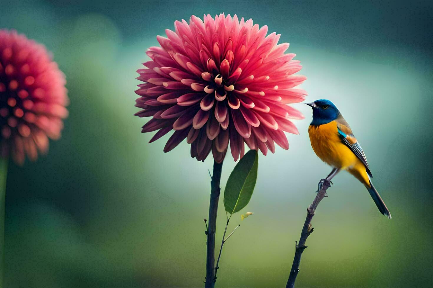 ein Vogel ist thront auf ein Blume im Vorderseite von ein Grün Hintergrund. KI-generiert foto