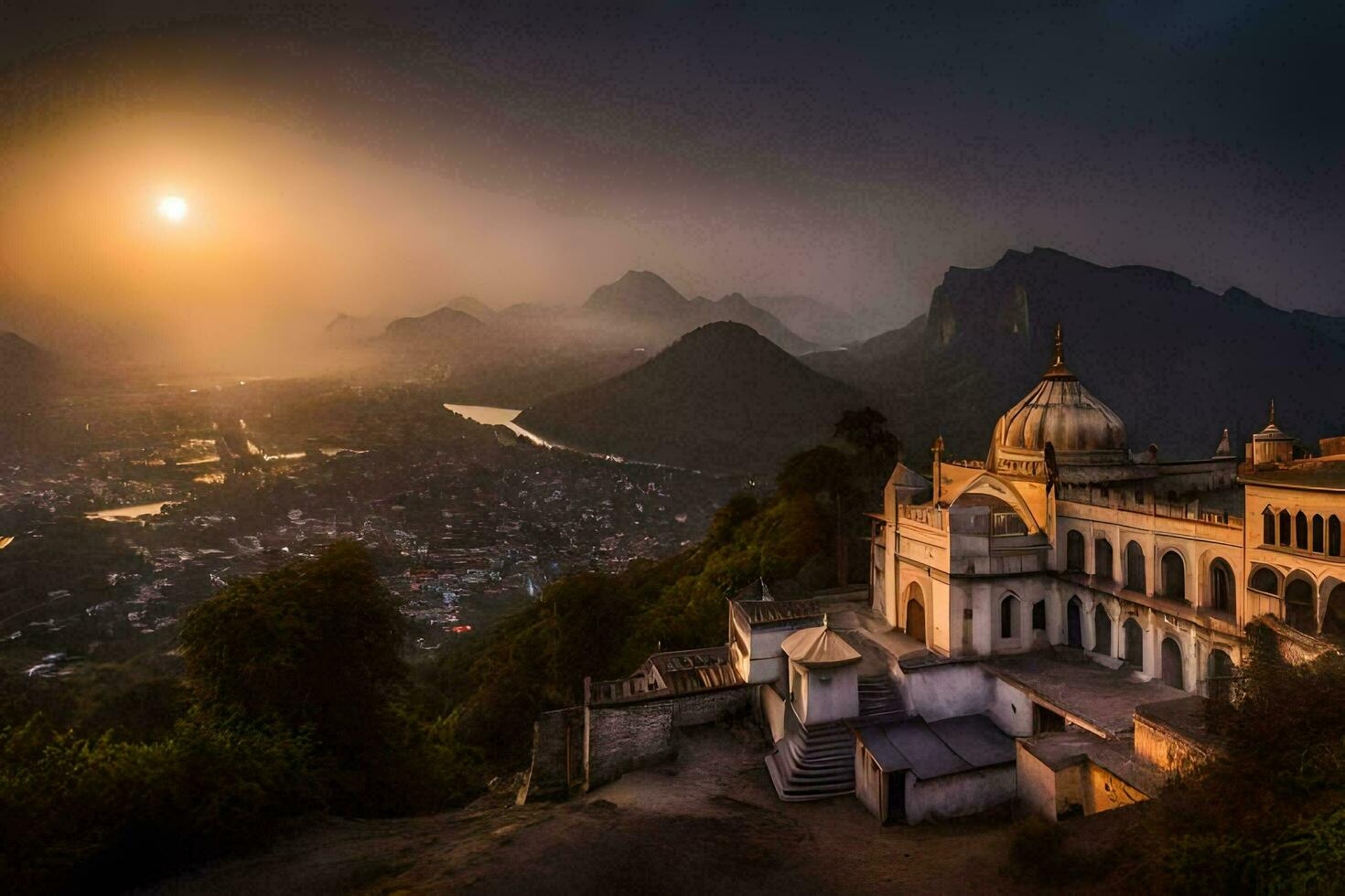 das Sonne setzt Über ein Tempel im Indien. KI-generiert foto