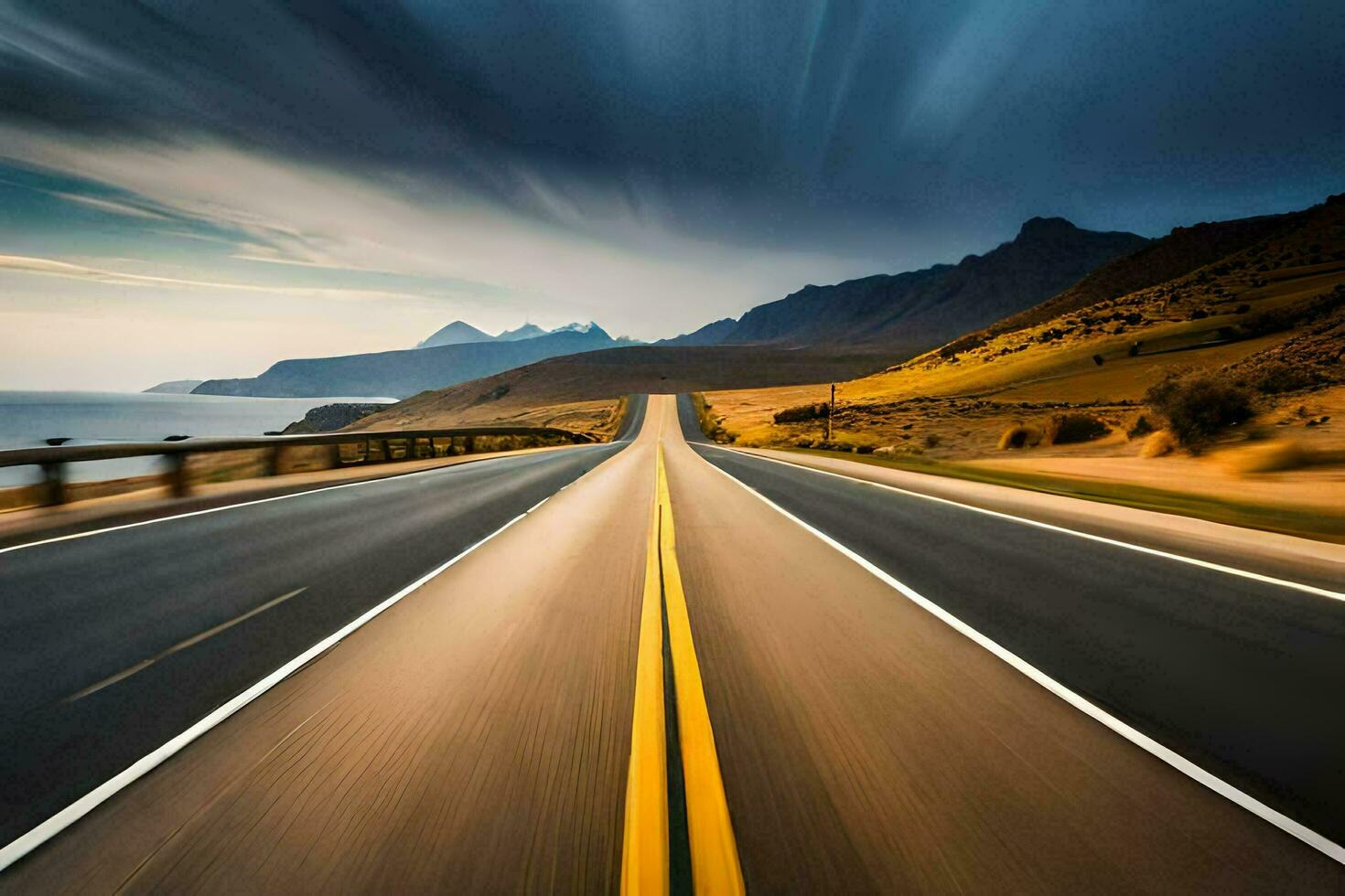 ein lange Exposition fotografieren von ein Autobahn mit Berge im das Hintergrund. KI-generiert foto