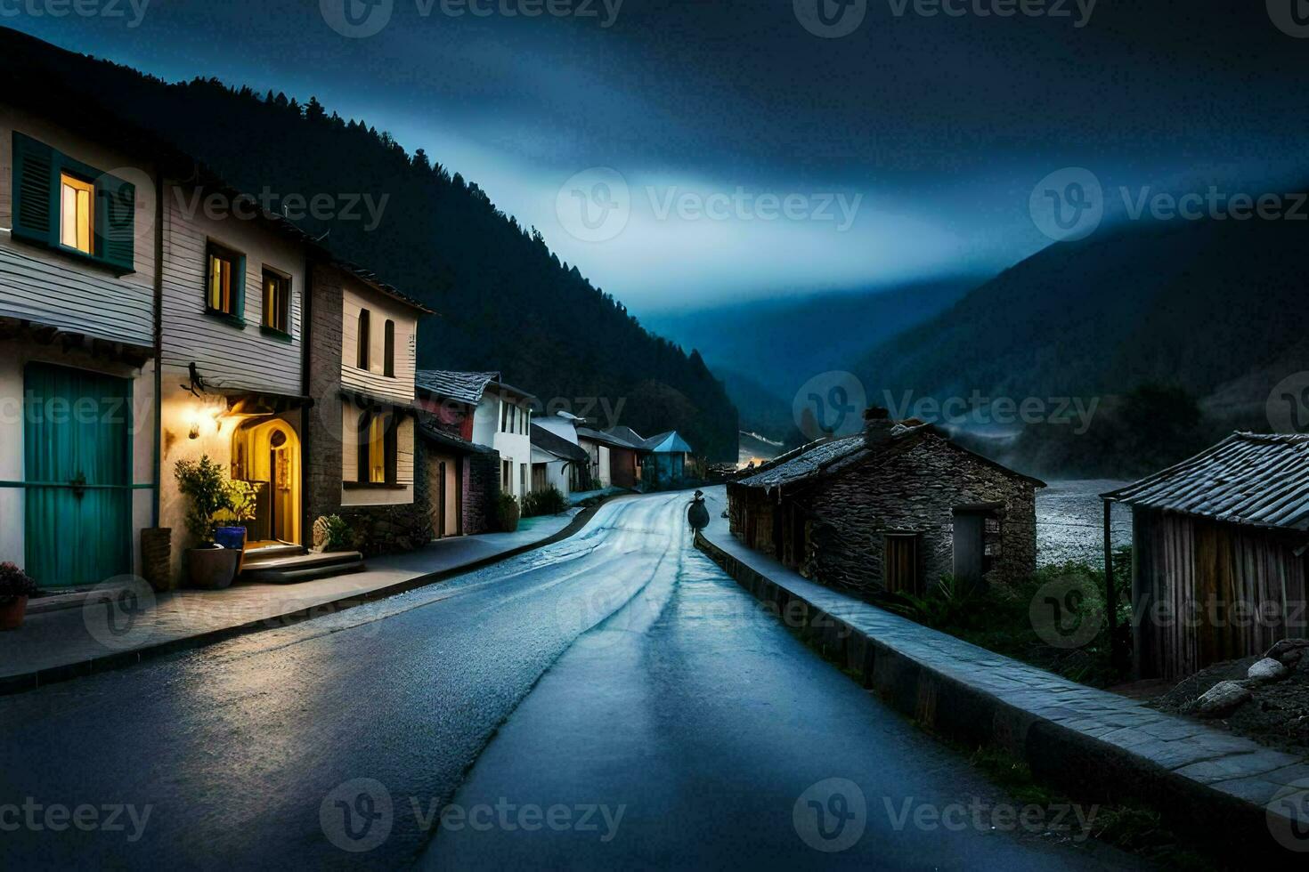 ein Straße im das Berge mit ein dunkel Himmel. KI-generiert foto