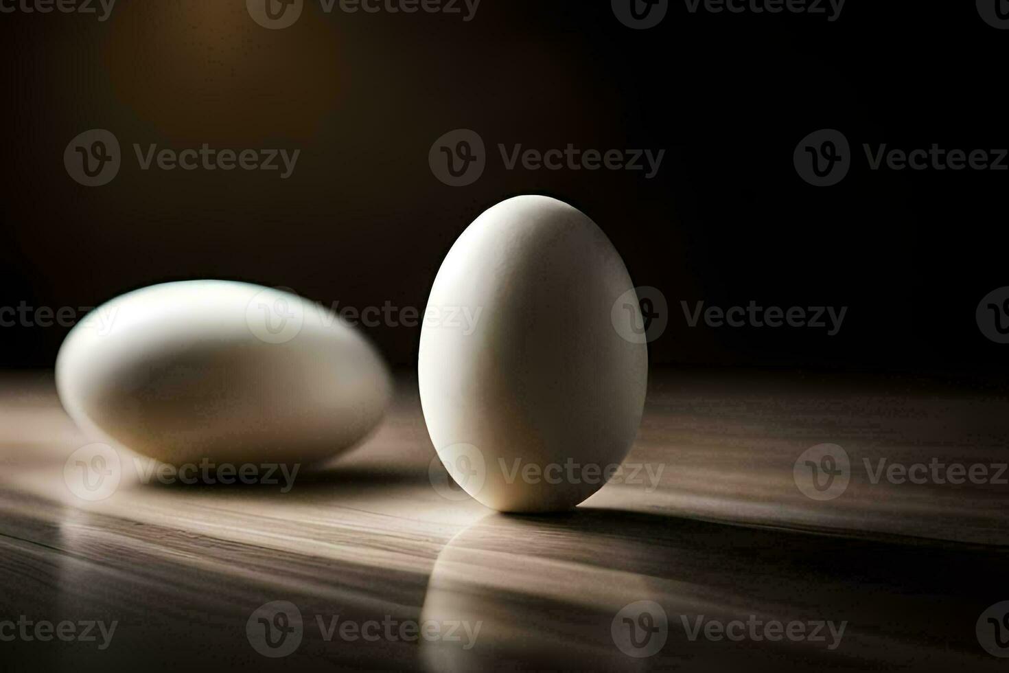 zwei Eier auf ein hölzern Tisch. KI-generiert foto