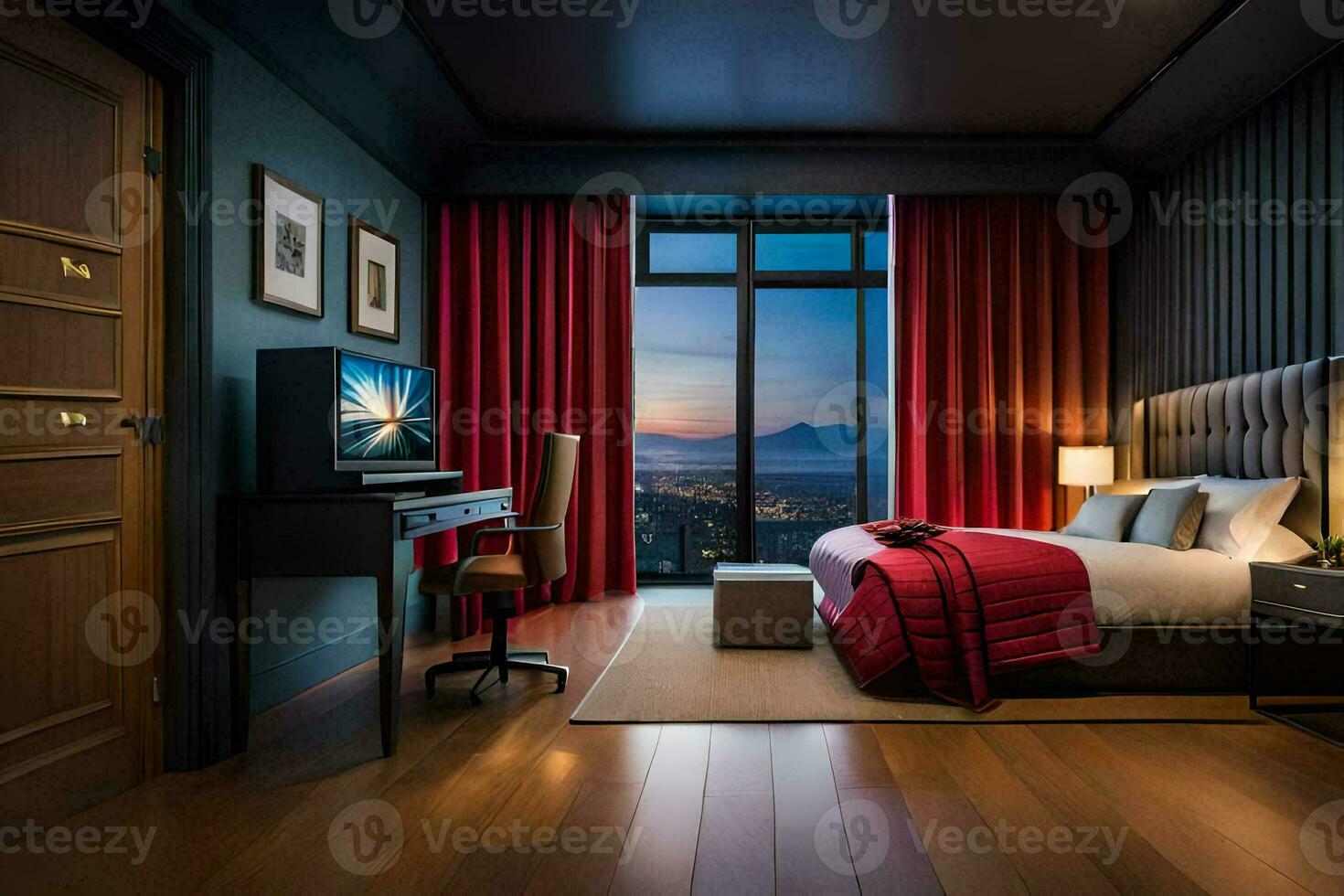 ein Schlafzimmer mit ein Aussicht von das Stadt beim Nacht. KI-generiert foto