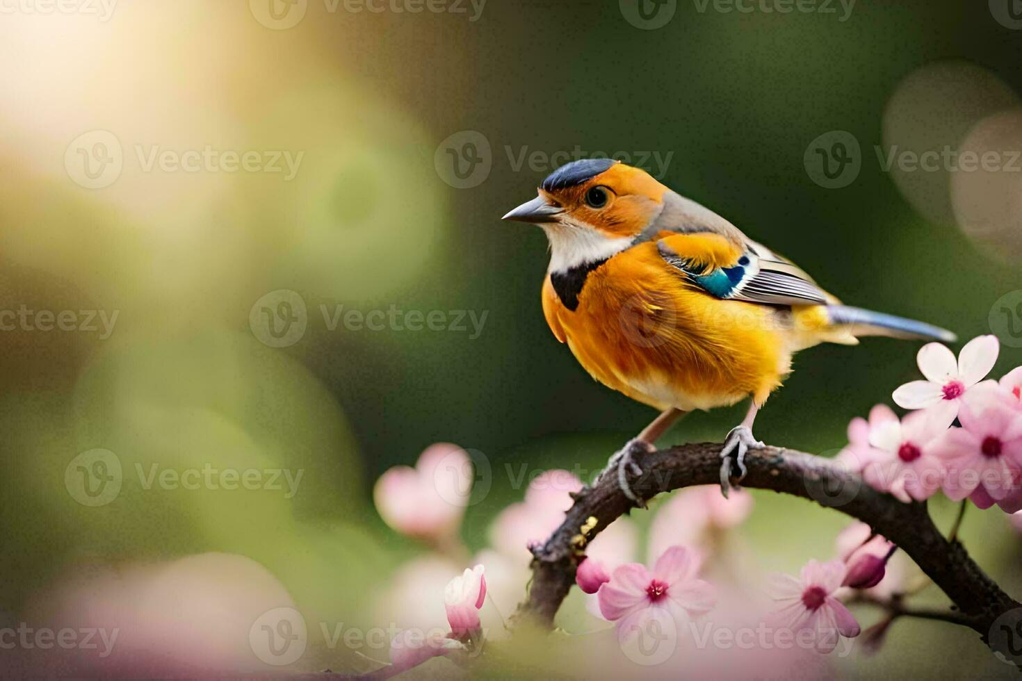 Foto Hintergrund das Himmel, Vogel, Frühling, Blumen, das Sonne, Vogel, Frühling, Blumen. KI-generiert