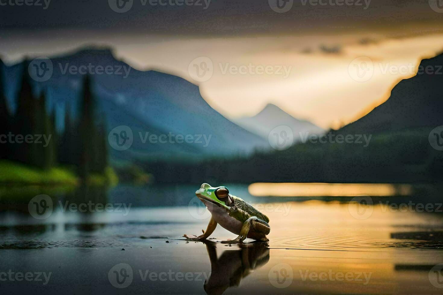 ein Frosch ist Stehen auf das Kante von ein See beim Sonnenuntergang. KI-generiert foto