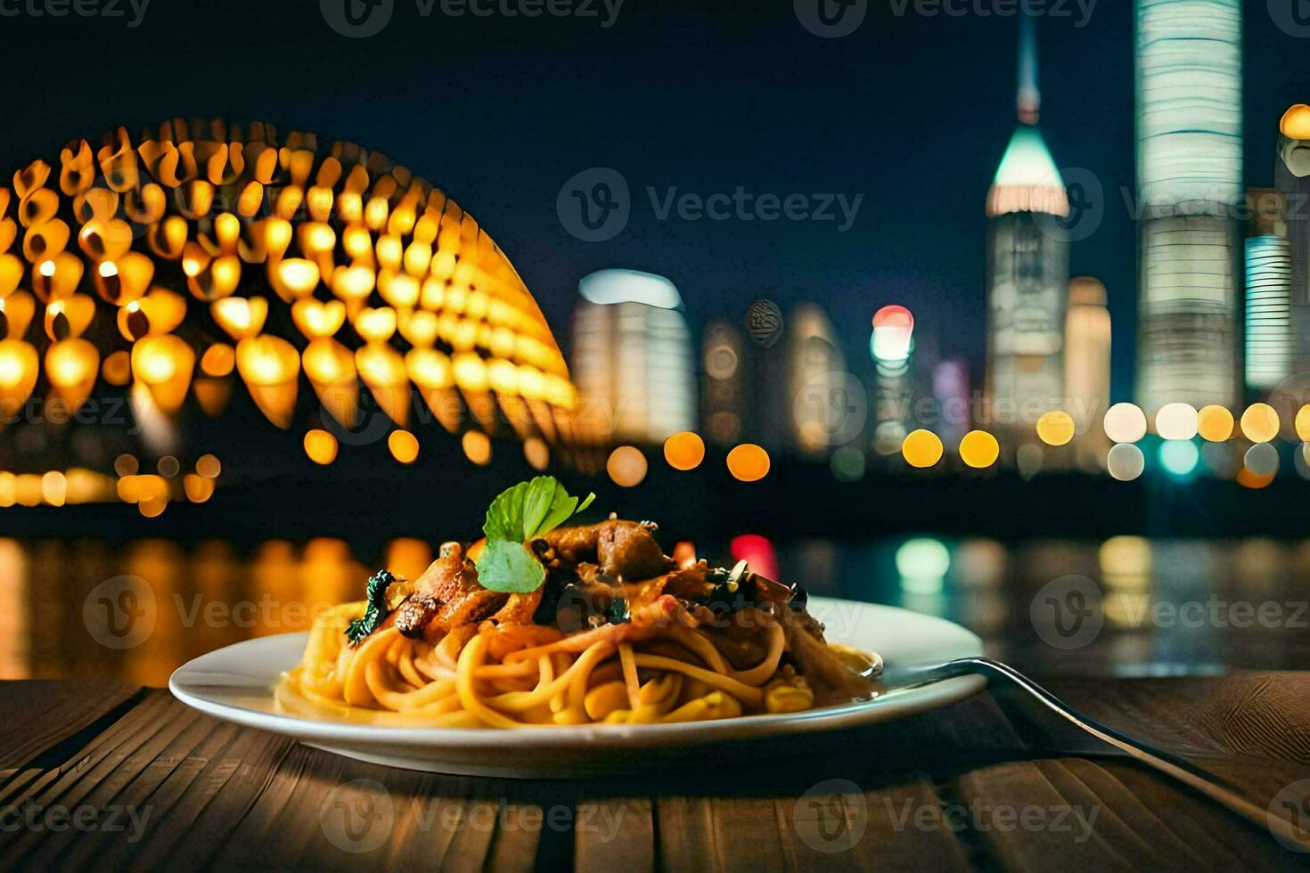 ein Teller von Spaghetti mit ein Aussicht von das Stadt. KI-generiert foto