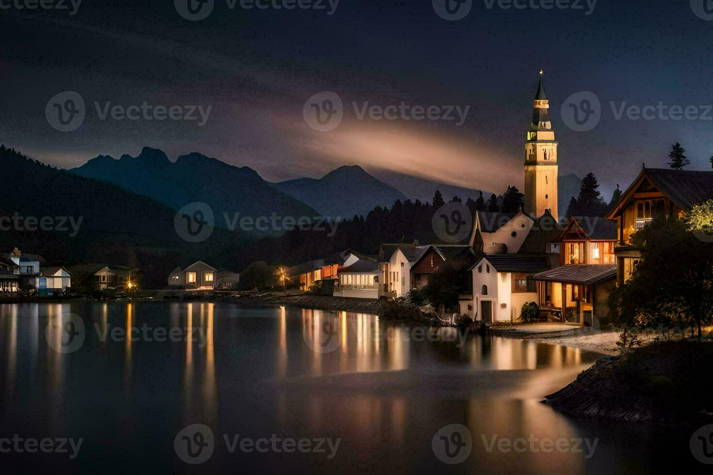 Foto Hintergrund das Himmel, Berge, See, das Stadt, das Kirche, das Kirche, Die. KI-generiert