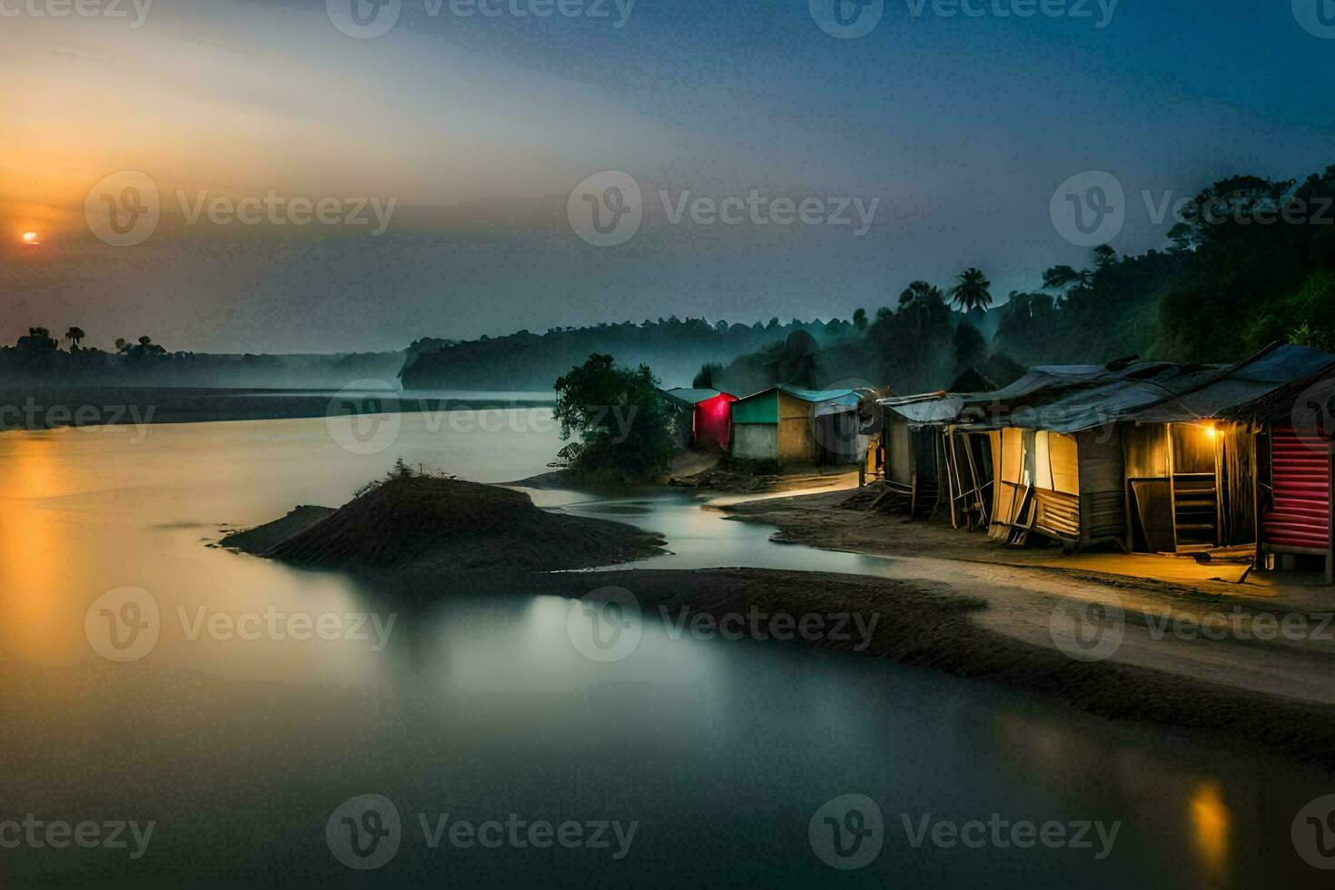 ein Fluss beim Sonnenaufgang mit Hütten und ein Boot. KI-generiert foto
