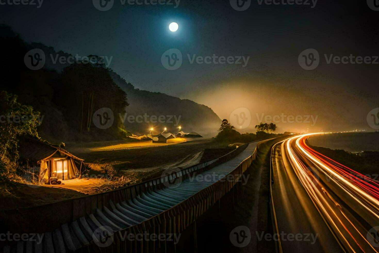 ein lange Exposition Foto von ein Straße beim Nacht mit ein Mond im das Hintergrund. KI-generiert