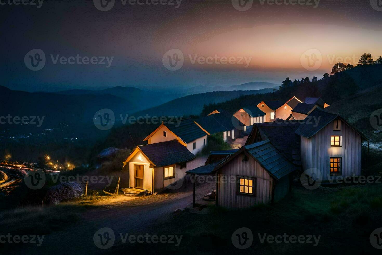 Foto Hintergrund das Himmel, Berge, Häuser, das Nacht, das Berge, das Dorf, Die. KI-generiert