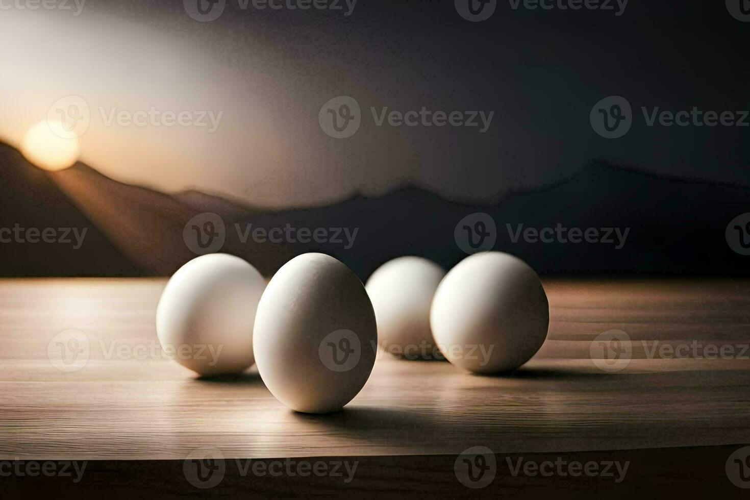 fünf Eier auf ein Tabelle mit ein Berg im das Hintergrund. KI-generiert foto