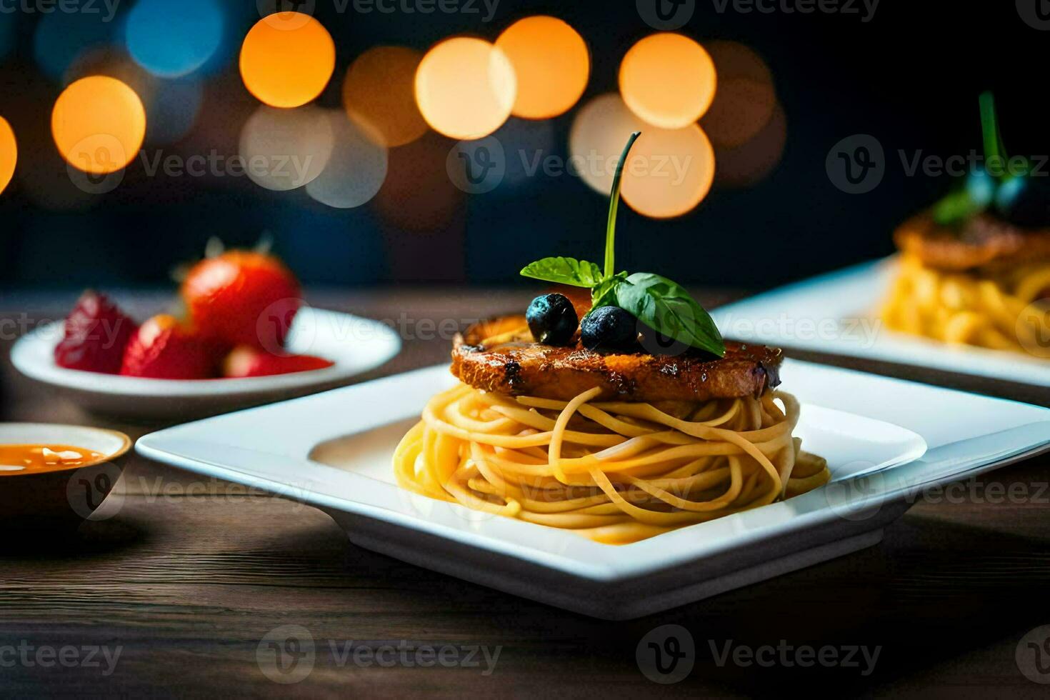 Spaghetti mit Tomate Soße und Basilikum auf ein Platte. KI-generiert foto