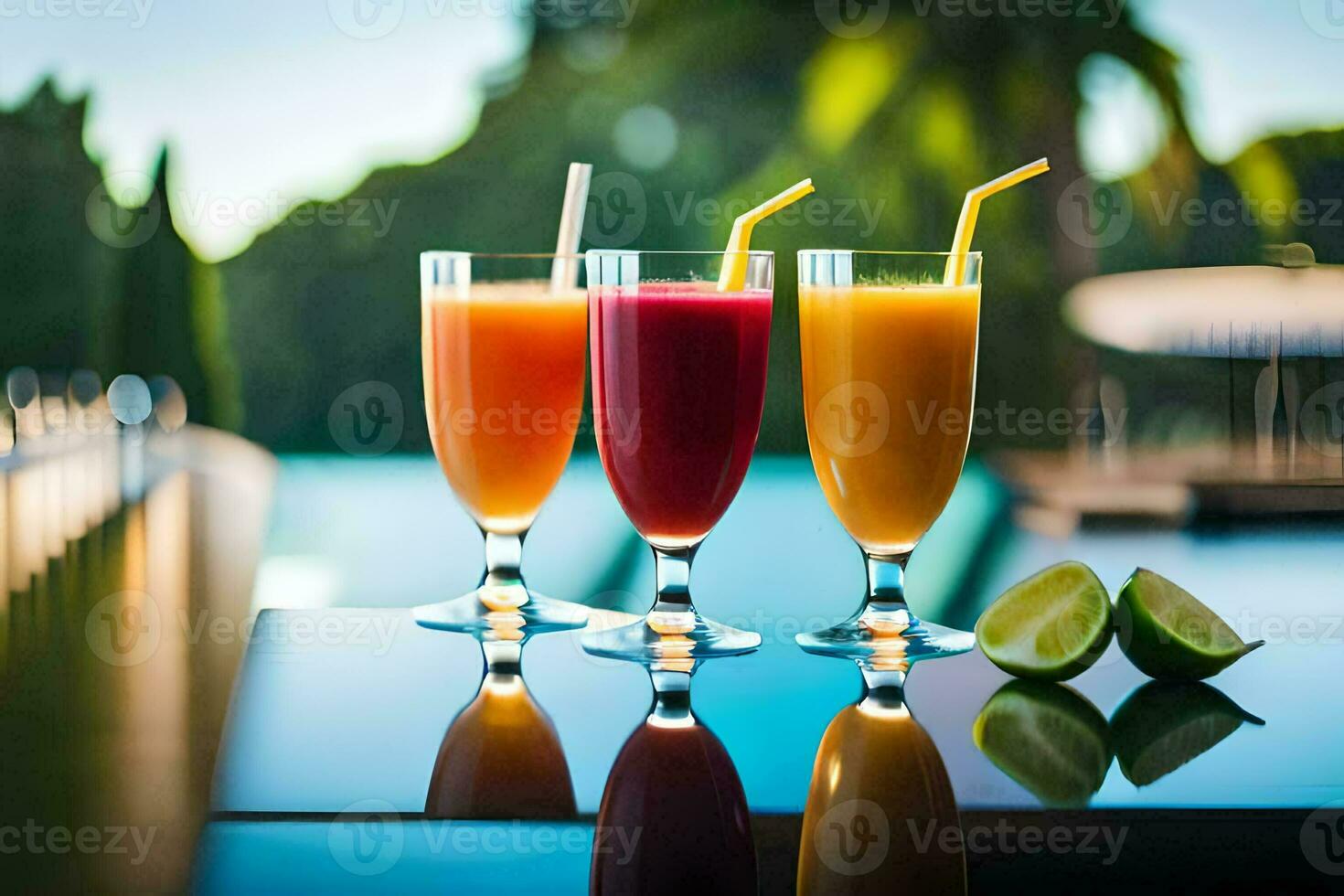 drei Brille von Saft mit Strohhalme auf ein Tisch. KI-generiert foto